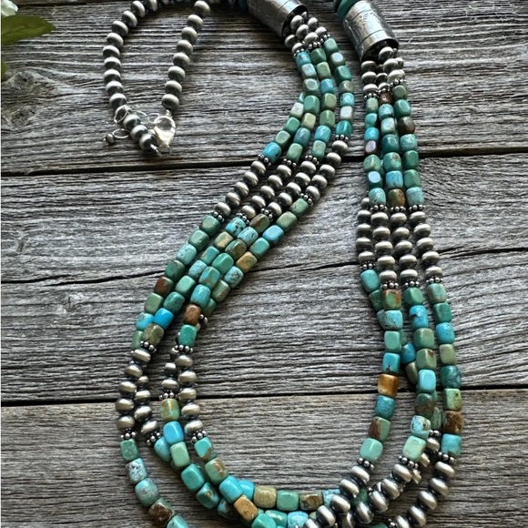 Pink/blue Double Strand Necklace – 13” Beaded – Sterling Silver Pearls & Rectangle Variscite main image 1